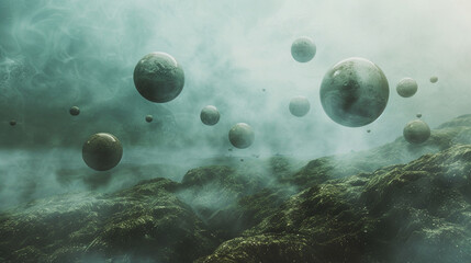 Close-up of a field of floating orbs with unusual textures, hovering in a surreal, foggy environment