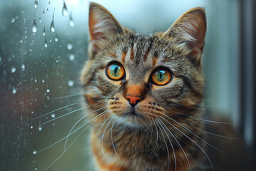 Fototapeta premium Portrait of a cat on the background of the raindrops, cute cat wallpaper, generative ai