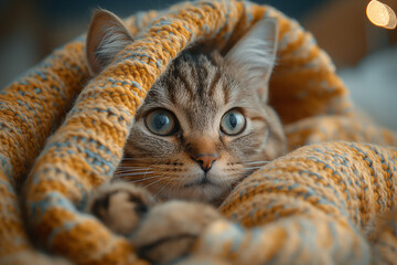 Cute tabby cat with blue eyes lying under warm blanket, cute cat wallpaper, generative ai