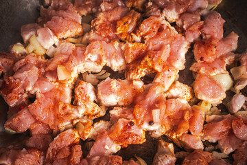 Turkey meat is fried in a pan. Background or banner, place to copy space, close-up.