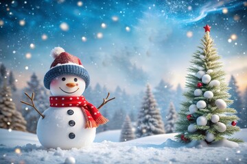 Obraz premium Little knitted snowman on the white snow on blue background. 