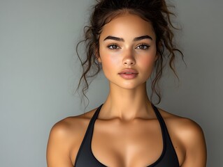 A beautiful fitness woman in a sleek sports bra, with a natural and fresh look, isolated on transparent background