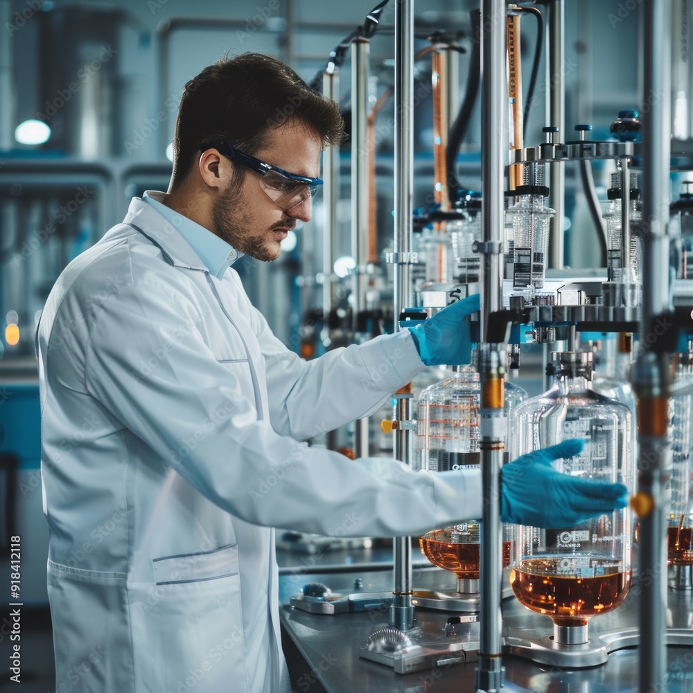 Poster a man in a lab coat is working with chemicals