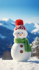 there is a snowman with a red hat and green scarf