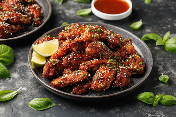 Spicy korean chicken wings with sesame seeds and chives