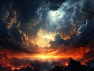 Electricity sparks in dramatic sky powering wind turbines