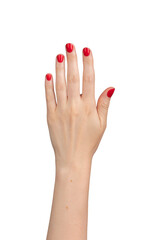 Neat elegant hand with short red nails, fingers isolated on white background, transparent png
