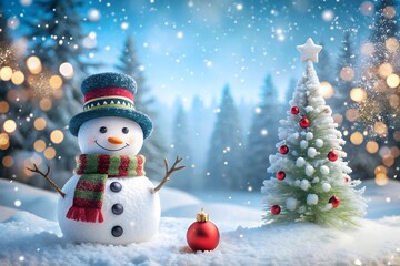 Obraz premium Little knitted snowman on the white snow on blue background. 