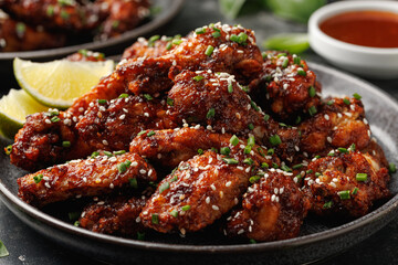 Spicy korean chicken wings with sesame seeds and chives