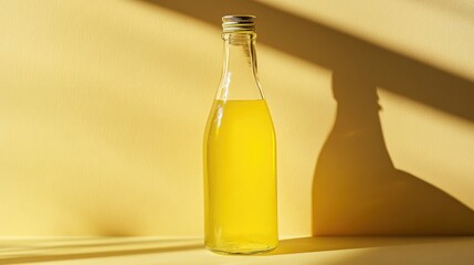 A refreshing glass bottle of lemon juice on a single-color background, bathed in sunlight, symbolizing detox and vitality.