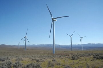 Fototapeta premium Wind turbines stand tall against a backdrop of a blue sky and distant hills.