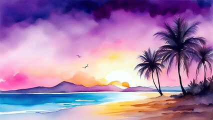 Tropical beach at sunset with palm trees, vibrant skies, and serene ocean views. Watercolor painting.