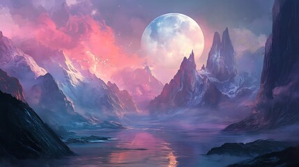 A large moon illuminates a serene mountain lake at dusk