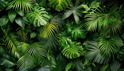 Lush tropical foliage featuring various shades of green leaves in a dense arrangement during daylight hours