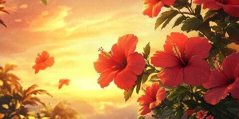 Tropical Hibiscus Blooms Under a Warm, Golden Sky, Exuding an Anime-Style Vibe of Serene Paradise,Abstract concepts, game concept art, storybook illustrations, comic strips, book illustrations