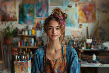 A woman engaged in creative hobbies in a modern home studio, captured in a vibrant and creative atmosphere with bright natural light.