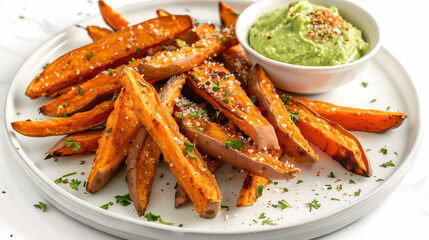 Crispy sweet potato fries with avocado dip on white plate
