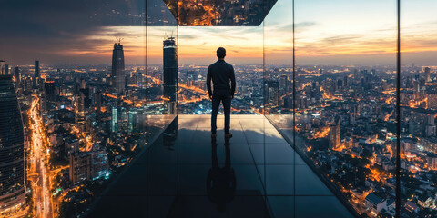 Naklejka na ściany i meble Businessman standing looking out at city skyline