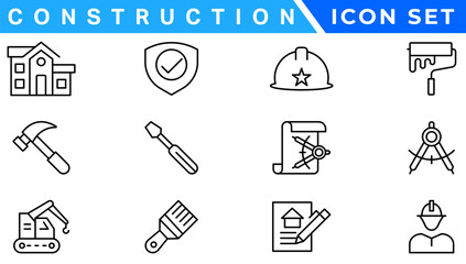 construction icon element set. Containing crane, building, land, excavator, maintenance, contractor, worker, architecture and more. Solid icons vector collection.