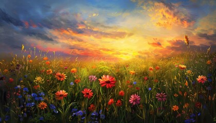 Colorful wildflower field at sunset with vibrant sky and blooming flowers in the countryside