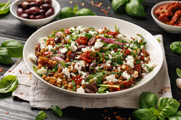 Lentil and Goats Cheese Salad with olives, onion, sun dried tomatoes and arugula. Healthy food