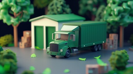 3D green truck. mini storage service next to a warehouse, representing logistics and transportation