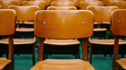 A collection of wooden chairs arranged in a classroom setting, showcasing simplicity and functionality.