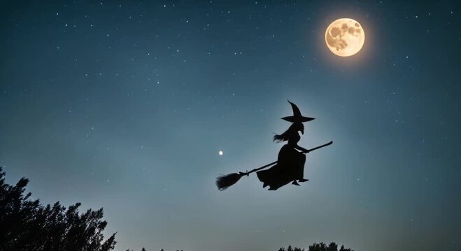 silhouette of a witch flying on her broom in the starry halloween night sky 