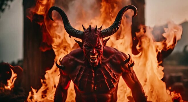devil with red skin and horns surrounded by flames