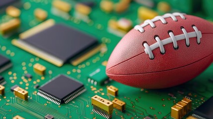 A digital concept featuring a football on a circuit board, symbolizing technology's integration with sports.