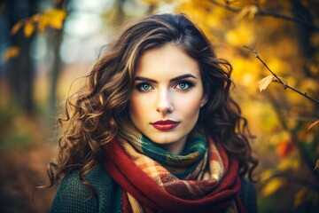 Naklejka premium portrait of a girl in the forest on the background of autumn leaves, trees