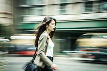 Fototapeta premium a girl walking down the street in the city, in motion