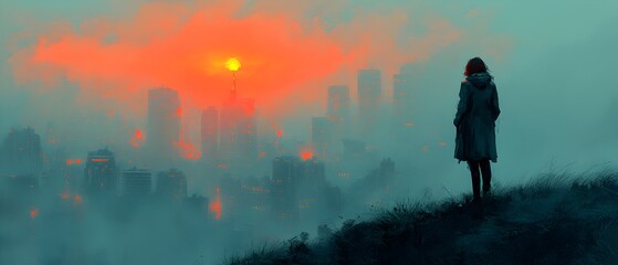Fototapeta premium Silhouette of Woman Looking at Sunset Over Cityscape 