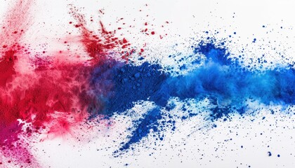 Bright colors of red and blue powder colliding on a white background during a creative art project