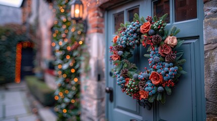 Naklejka premium Decorative bright autumn wreath hanging on front door of house door close up. Beautiful Festive decoration for Thanksgiving or Halloween party. Fall season background October, Autumn Fall .. 