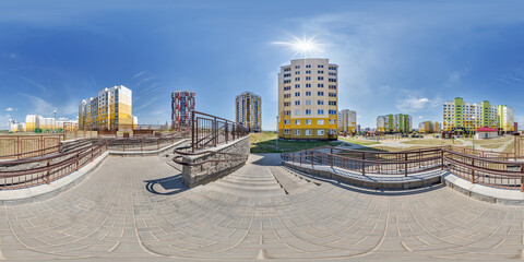 360 hdri panorama near stairs in middle  of modern multi-storey multi-apartment residential complex...
