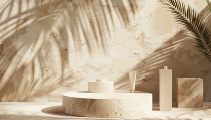 Elegant 3D render of a podium display against a beige stone wall, enhanced by natural leaf shadows