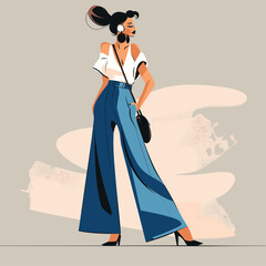 Elegant lady with flowing hair and modern outfit.
