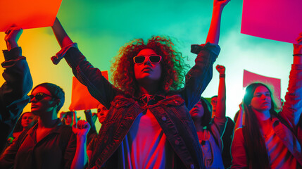 Diverse group of activists protesting with signs in vibrant lighting