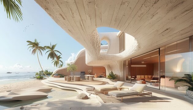 Modern beachfront architecture featuring organic curves surrounded by palm trees under a clear sky