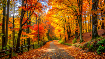 Naklejka premium autumn forest path with vibrant foliage and copy space, horizontal, Thanksgiving, Harvest Festival