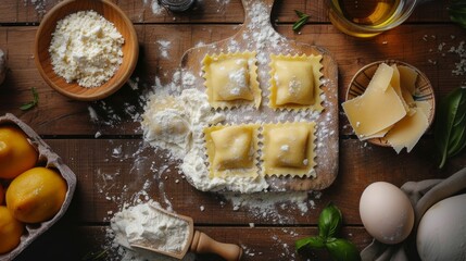 Homemade ravioli preparation on a rustic wooden table with ingredients. Fresh pasta, cheese, and eggs in a cozy kitchen setting. Ideal for cooking blogs and recipe sites. AI