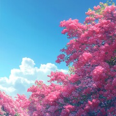 Vibrant Rhododendron Scene Against a Tranquil Azure Sky, Animated Style Depicting Nature's Contrasting Beauty,Abstract concepts, game concept art, storybook illustrations, comic strips