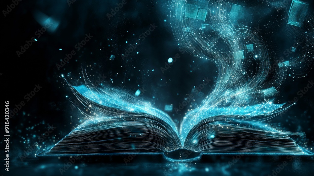 Aufkleber Digital Knowledge. Futuristic Book with Glowing Wireframes and Data Streams