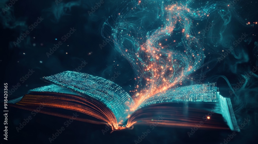 Aufkleber Digital Knowledge. Futuristic Book with Glowing Wireframes and Data Streams