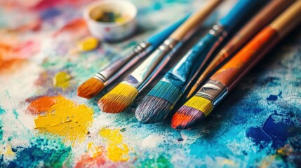 Fototapeta premium Close-up of paintbrushes on a colorful palette