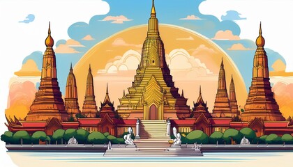 Naklejka premium Buddhist Temples- Cartoon or detailed representations of famous Buddhist temples, like Wat Arun, Shwedagon Pagoda, or Mahabodhi Temple, with Buddha statues