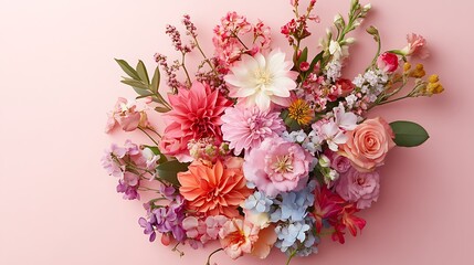 Obraz premium A Colorful Bouquet of Pink, White, and Peach Flowers on a Pink Background