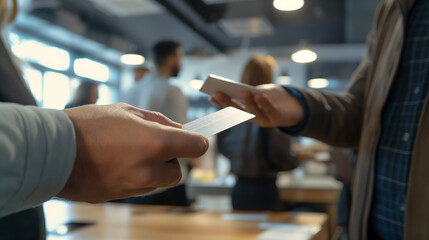 Business professionals exchanging business cards at networking event, close-up