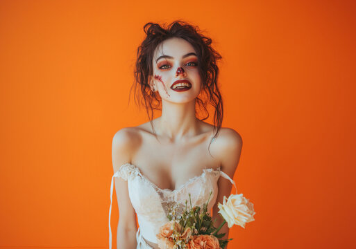 Cheerful woman in a zombie bride costume for Halloween, wearing a white dress and holding a bouquet of flowers, isolated on an orange studio background. 
